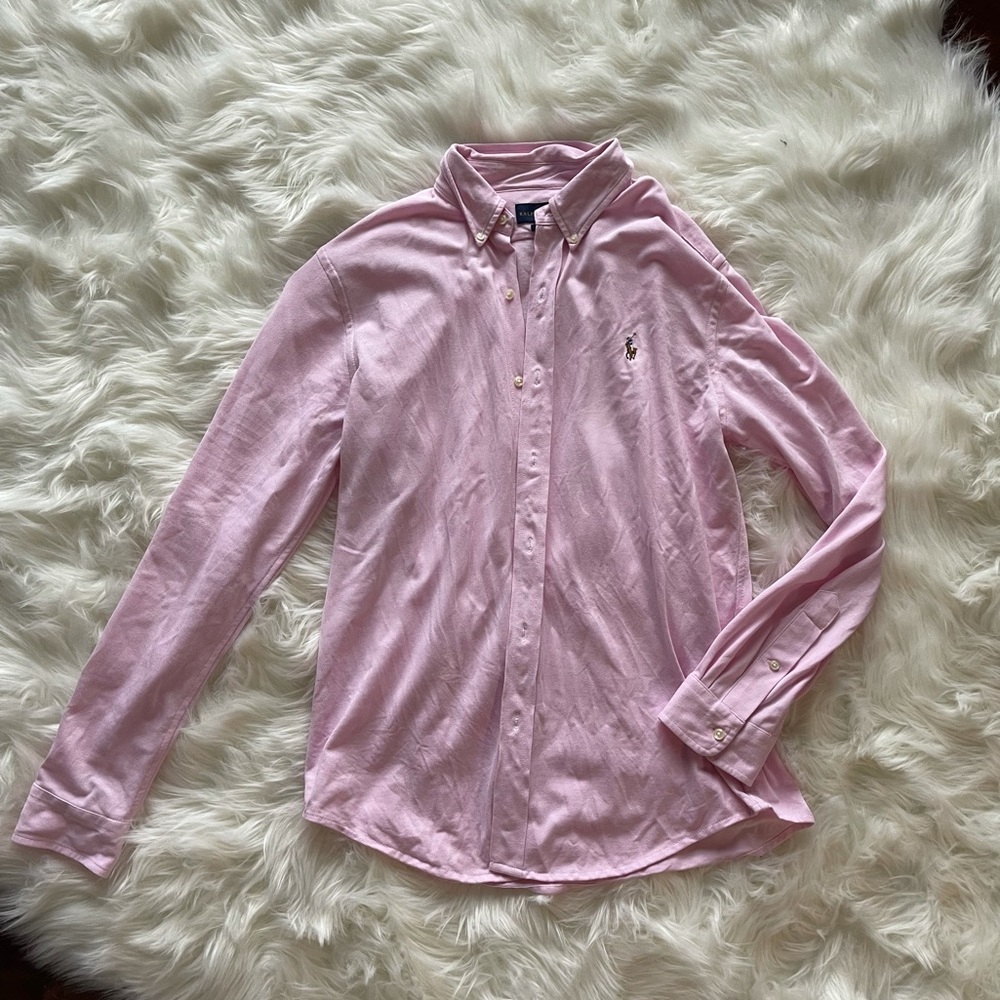 Mens Oxford Knit Pink L/S Ralph Lauren Shirt - Lg
